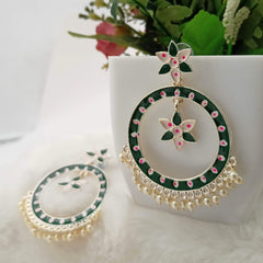 Dark Green Color Meenakari Round Bali Drop Beads Golden Earrings