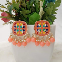 Peach Color Square Multicolor Golden Studs Earrings