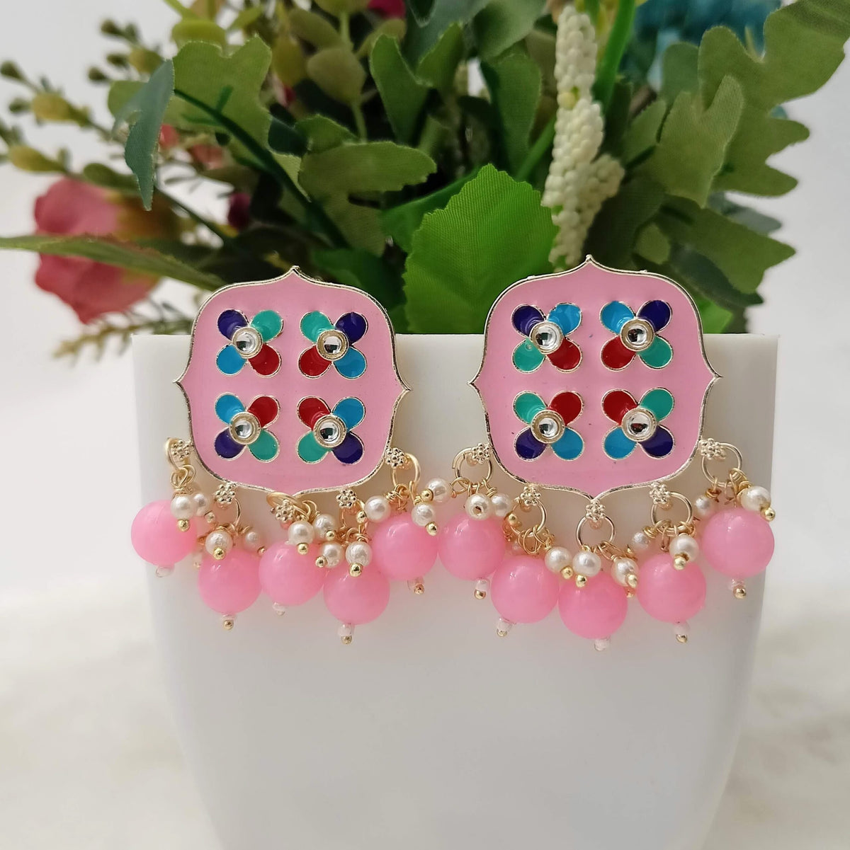 Baby Pink Color Square Multicolor Golden Studs Earrings