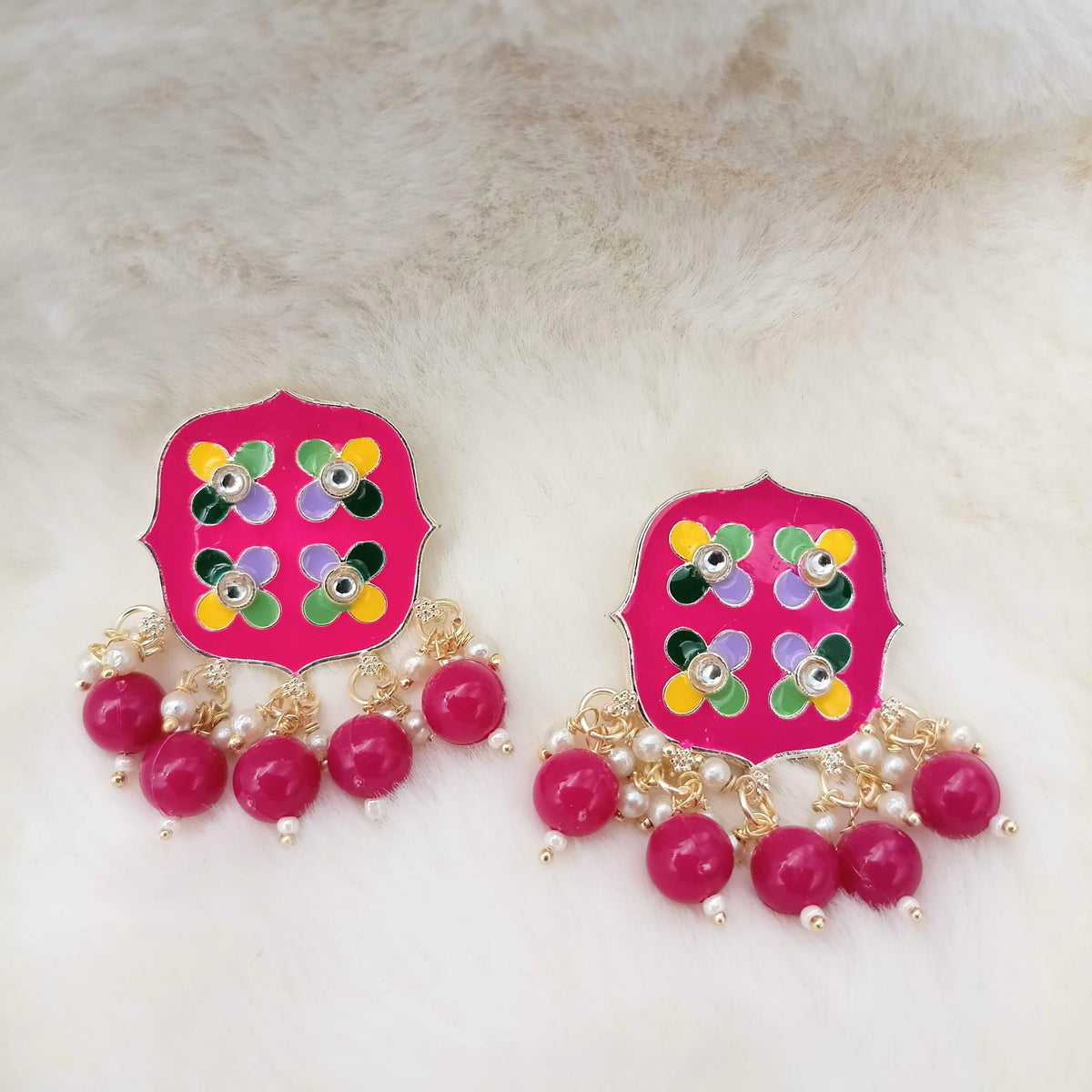 Pink Color Square Multicolor Golden Studs Earrings