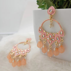 Peach Color Traditional Kundan Golden Earrings