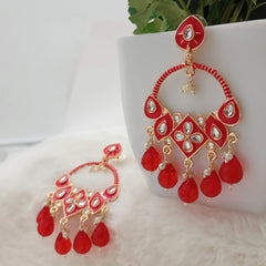 Bright Red Color Traditional Kundan Golden Earrings
