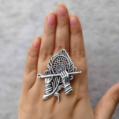 Krishna Bansuri Silver Oxidised Adjustable Finger Ring