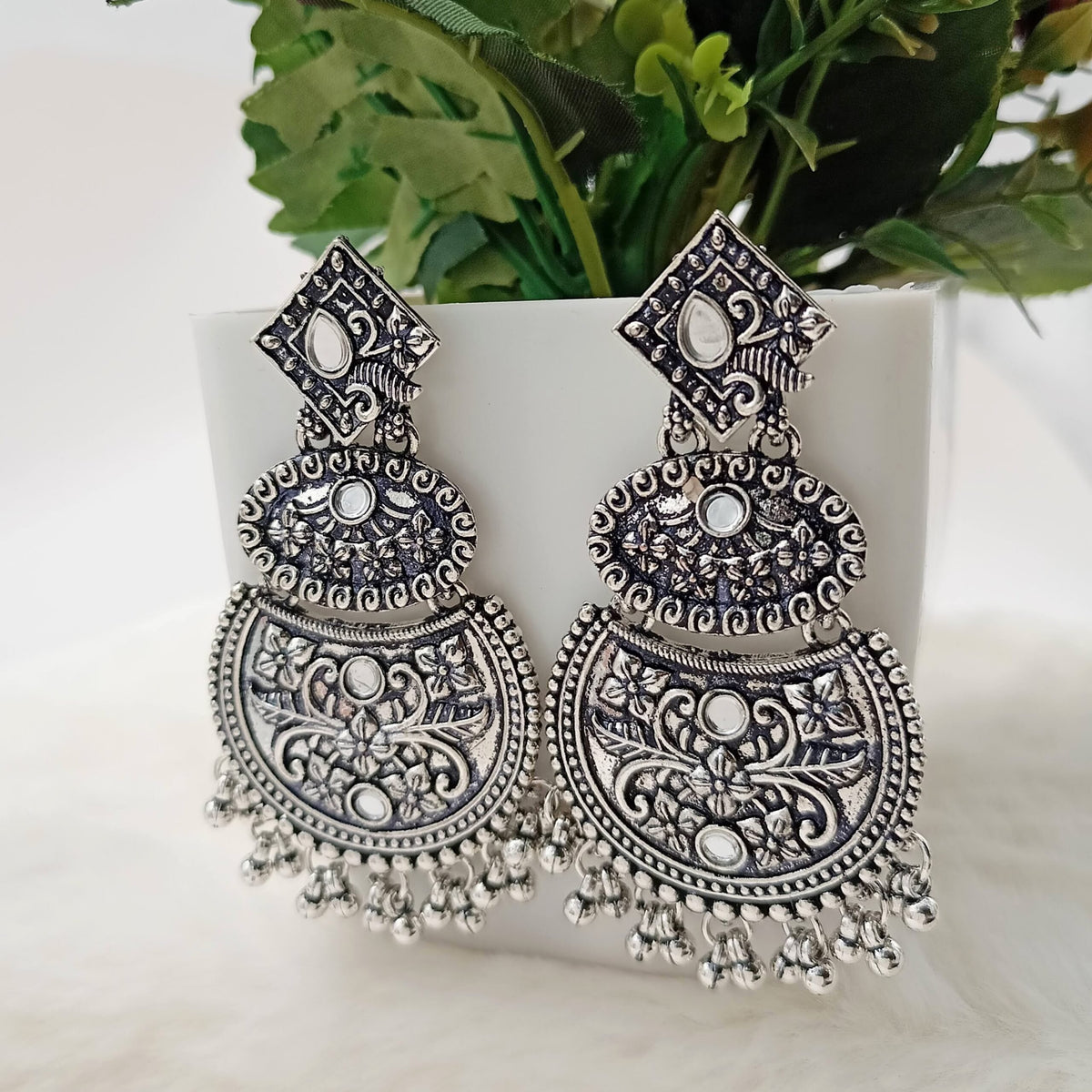 Diamond & Oval Shape Chandbali Silver Oxidised Earrings