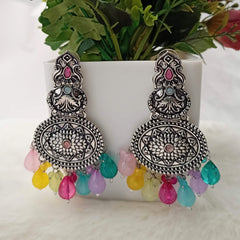Tribal Oval Shape Multicolor Beads Silver Oxidised Earrings