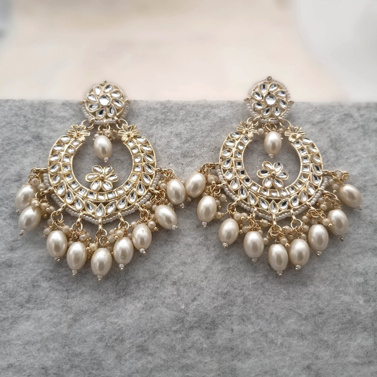 Kundan Studded White Drop Beads Chandbali Golden Earrings