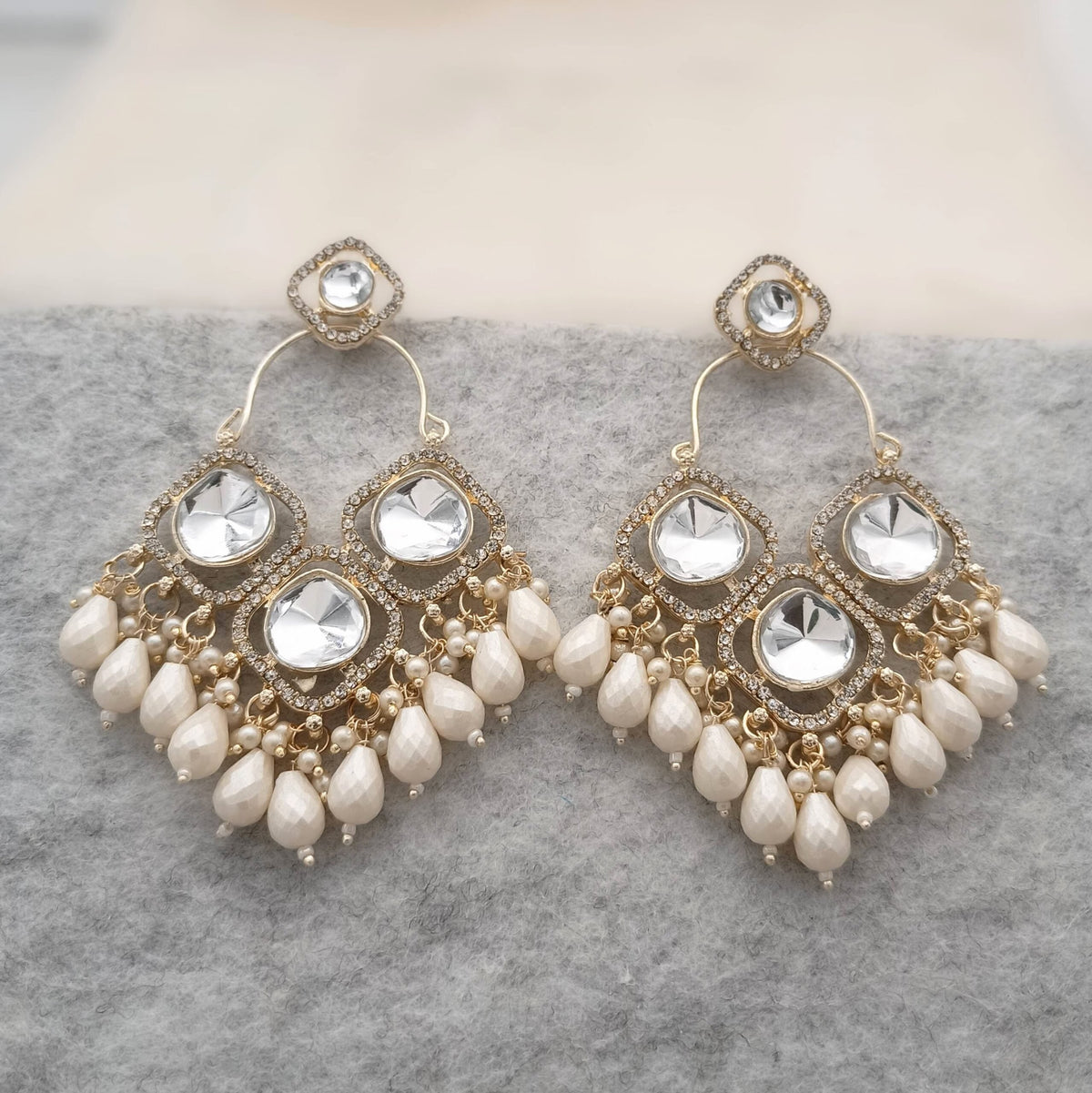 Beautiful Three Big Kundan Stone Drop Beads Golden Trending Earrings
