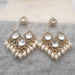 Beautiful Three Big Kundan Stone Drop Beads Golden Trending Earrings