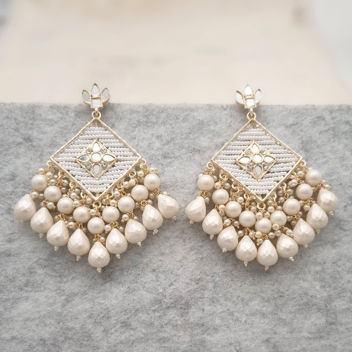 Diamond Shape Drop Gorgeous White Beads Earrings