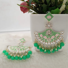 Pastel Green Color Chandbali Kundan Stone Meenakari Earrings