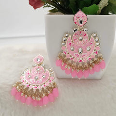 Baby Pink Kundan Meenakari Chandbali Golden Dangle Earrings
