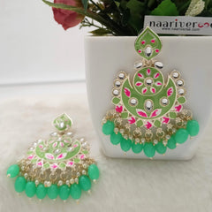 Green Color Kundan Meenakari Chandbali Golden Dangle Earrings