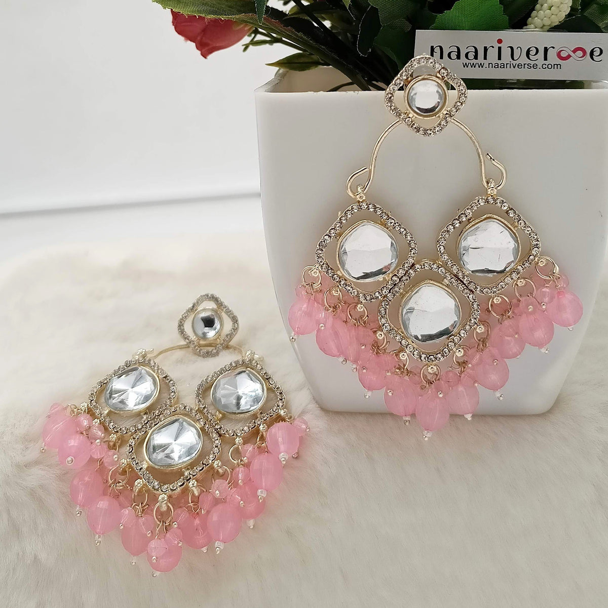 Cute Pink Drop Beads Big Three Kundan Studded Stone Golden Earrings