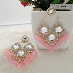 Cute Pink Drop Beads Big Three Kundan Studded Stone Golden Earrings