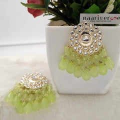 Light Green Color Beads Like Rain Kundan Golden Earrings