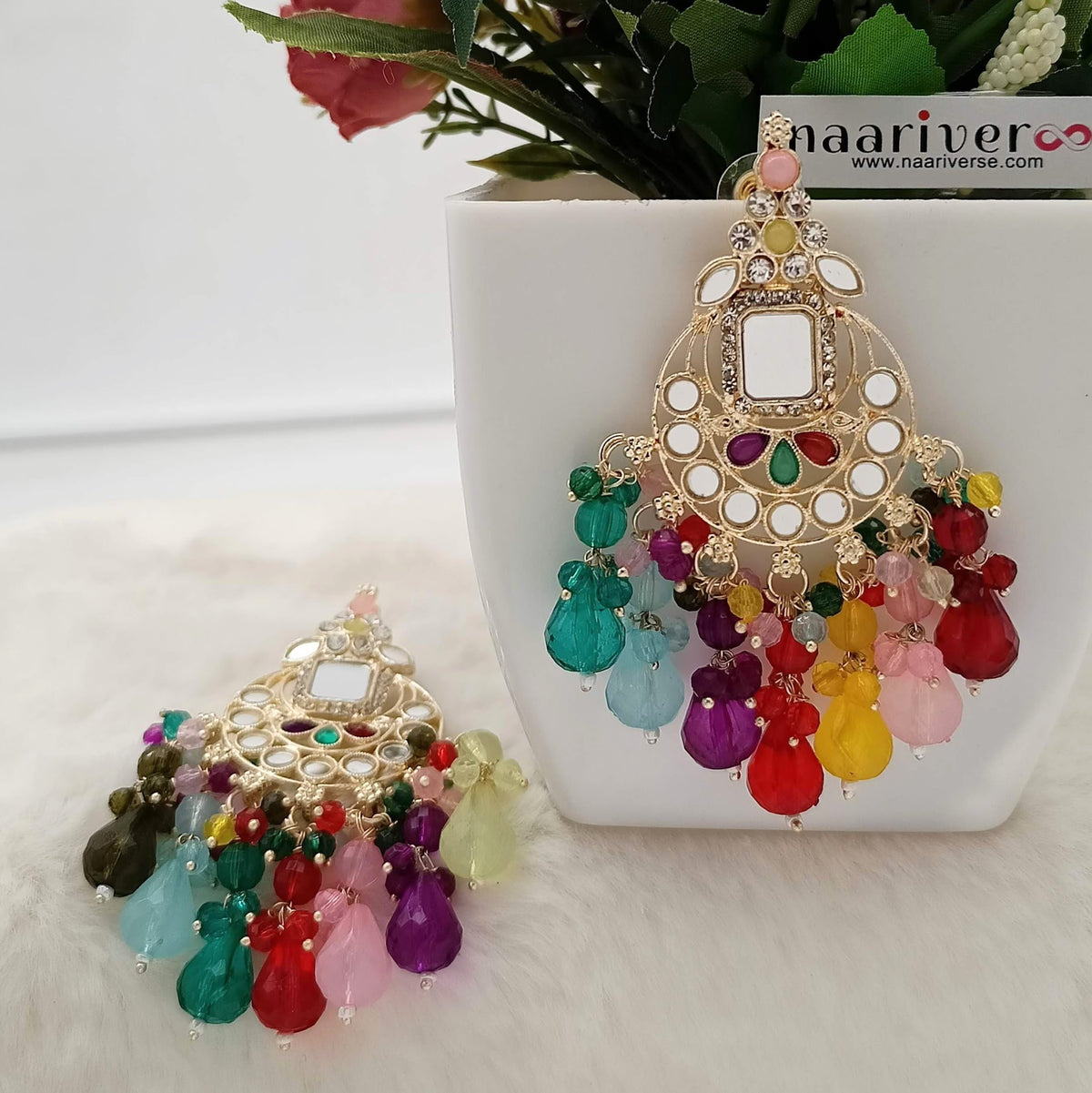 Multicolor Drop Beads Mirror Chandbali Golden Earrings