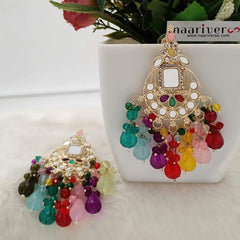 Multicolor Drop Beads Mirror Chandbali Golden Earrings