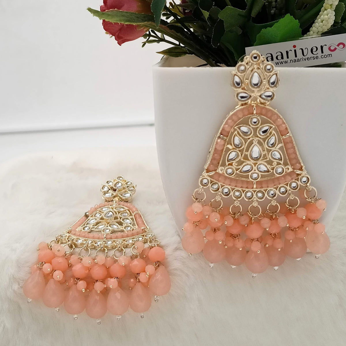 Peach Color Drop Beads Cluster Kundan Golden Earrings