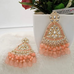Peach Color Drop Beads Cluster Kundan Golden Earrings