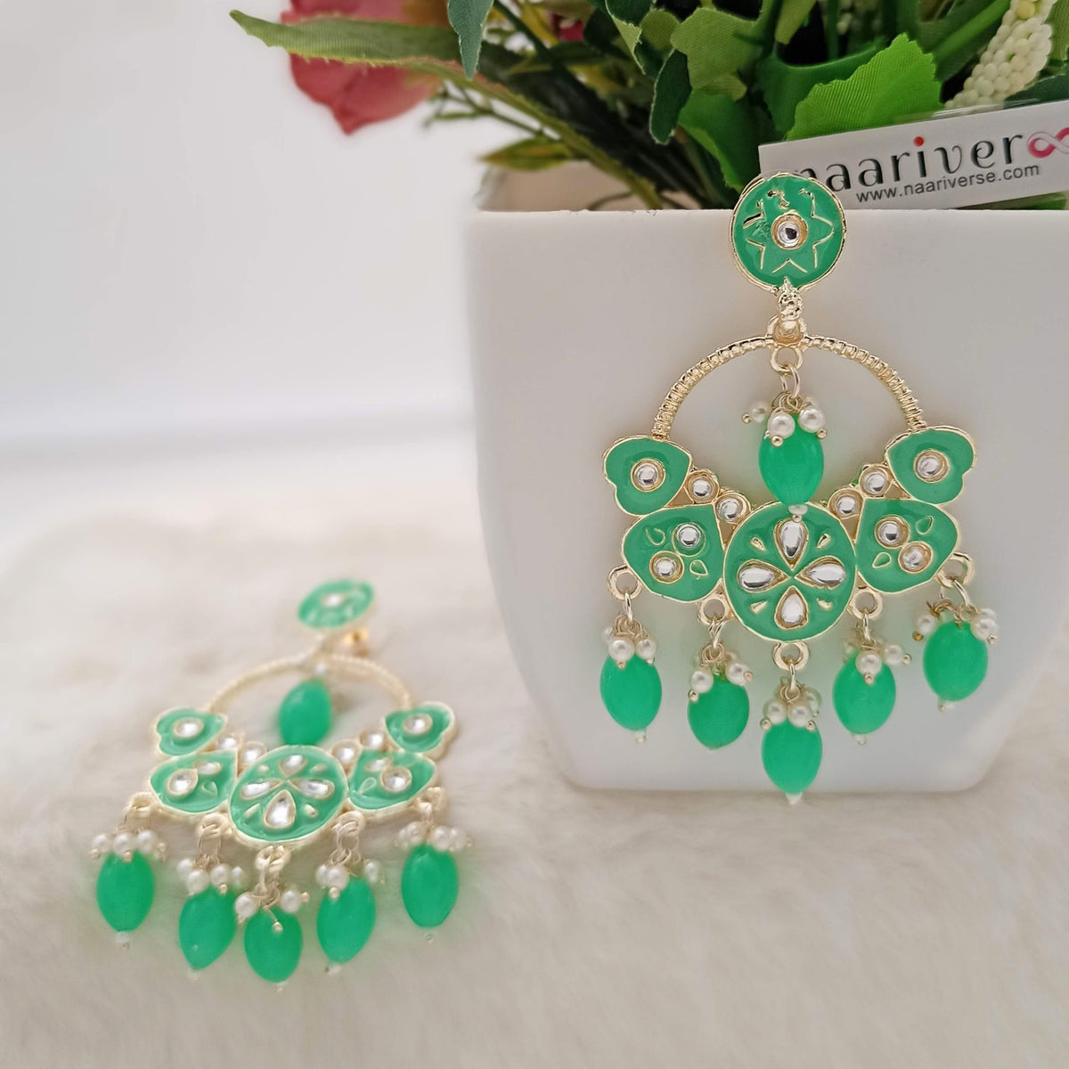 Green Color Kundan Drop Beads Bollywood Golden Earrings