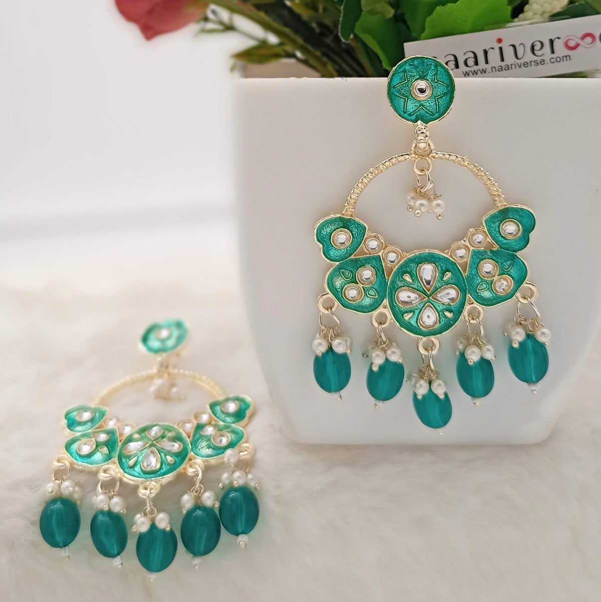 Glossy Green Color Kundan Drop Beads Bollywood Golden Earrings