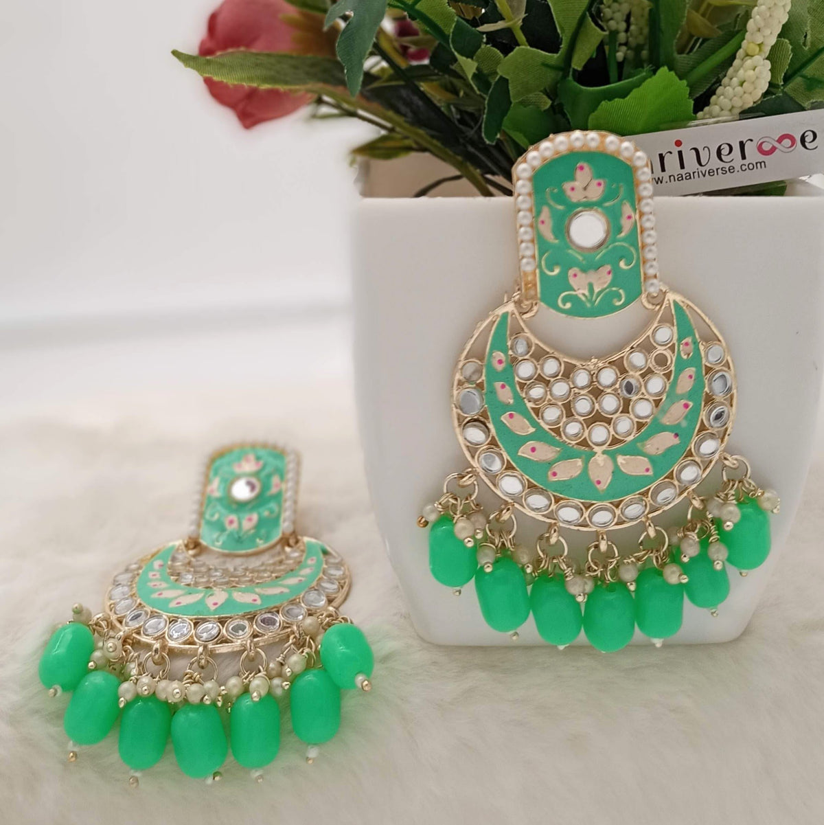 Green Color Chandbali Meenakari Mirror Studded Polki Golden Earrings
