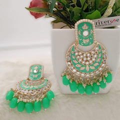Green Color Chandbali Meenakari Mirror Studded Polki Golden Earrings
