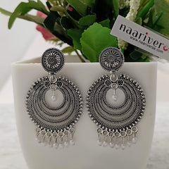 Bollywood Drop White Beads Silver Oxidised Chandbali Earrings