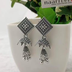 Ambarella Shape Drop Jhumka Silver Oxidised Earrings