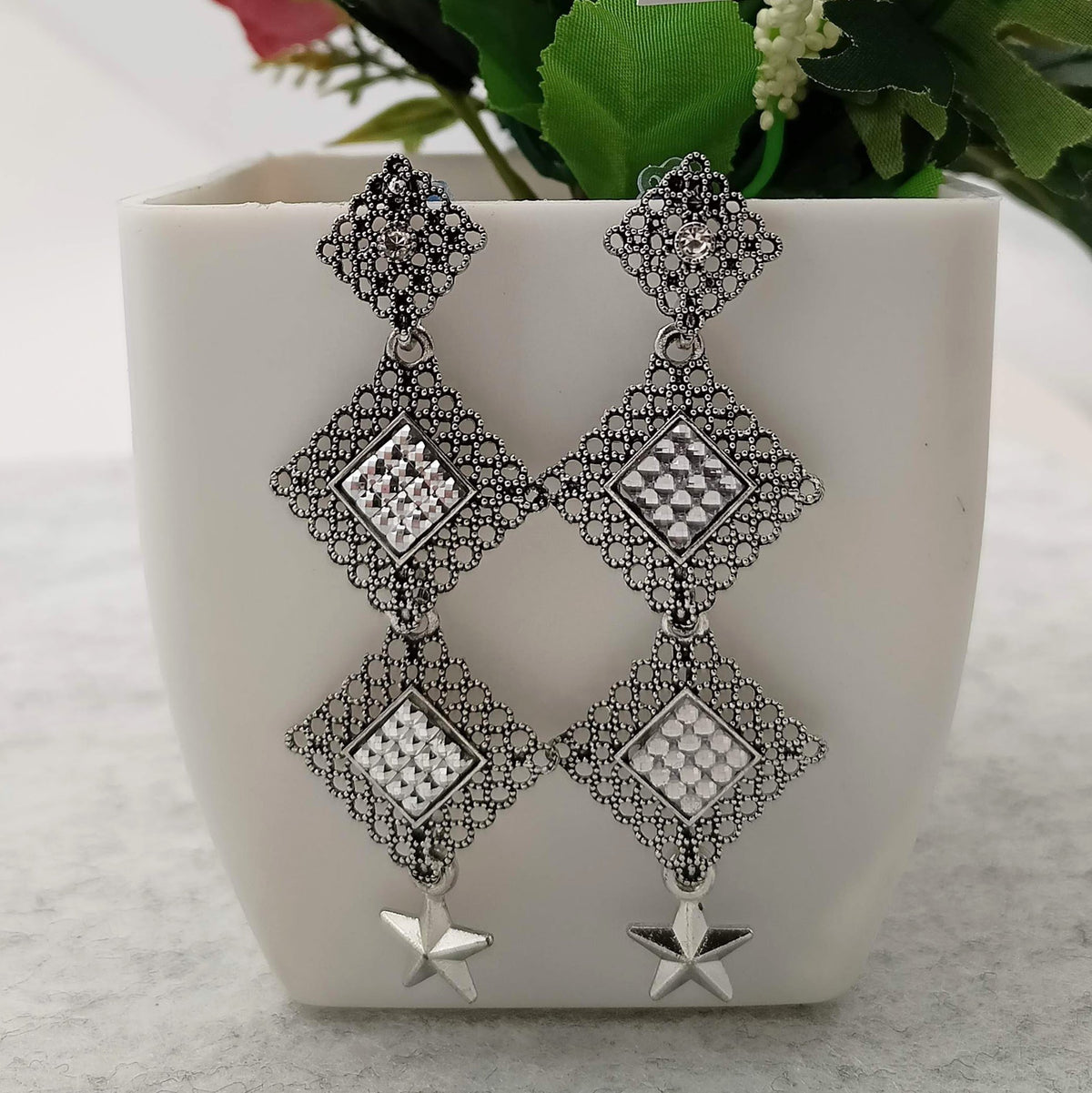 Drop Star Double Layer Silver Oxidised Earrings