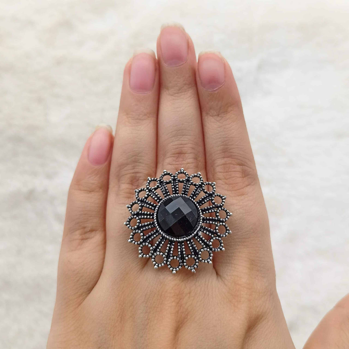 Black Stone Silver Oxidised Adjustable Finger Ring