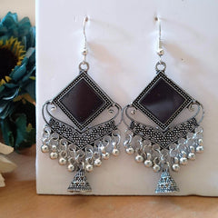 Black Color Diamond Shape Mirror Drop Jhumka Silver Oxidised Earrings