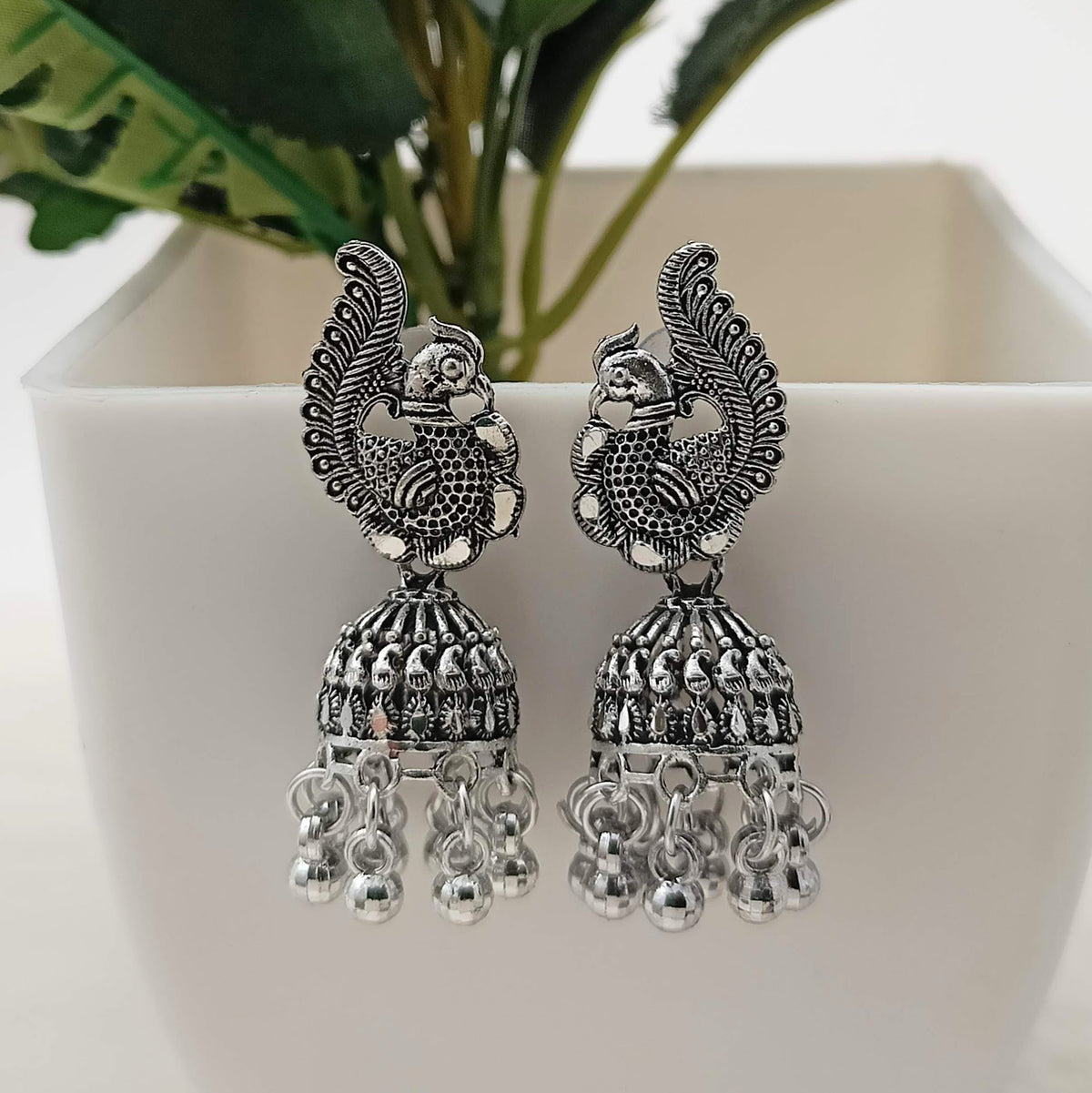 Gorgeous Peacock Stud Jhumka Silver Oxidised Cute Earrings