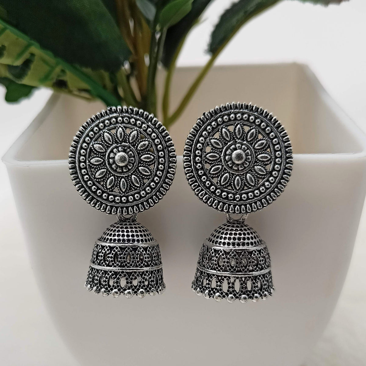 Beautiful Round Detailed Silver Oxidised Jhumka Earrings