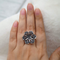 Floral Design Silver Oxidised Adjustable Finger Ring