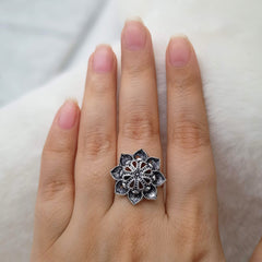 Bloom Flower Silver Oxidised Adjustable Finger Ring