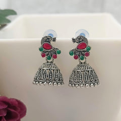 Pink & Green Stone Peacock Jhumka Silver Oxidised Earrings
