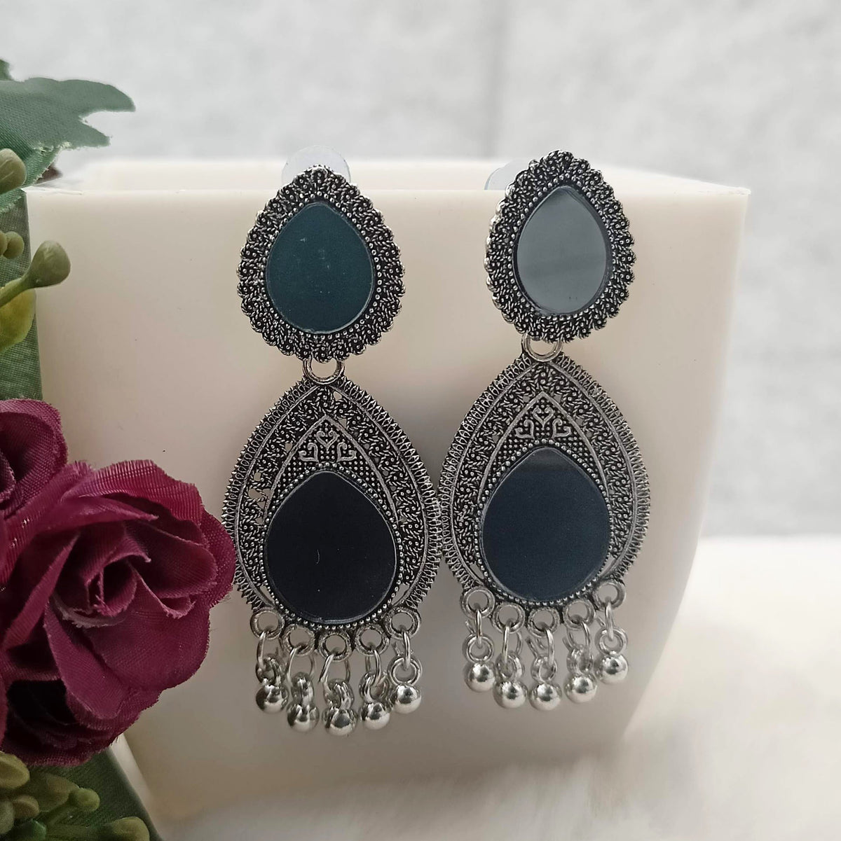 Water Drop Shape Black Mirror Silver Oxidised Earrings