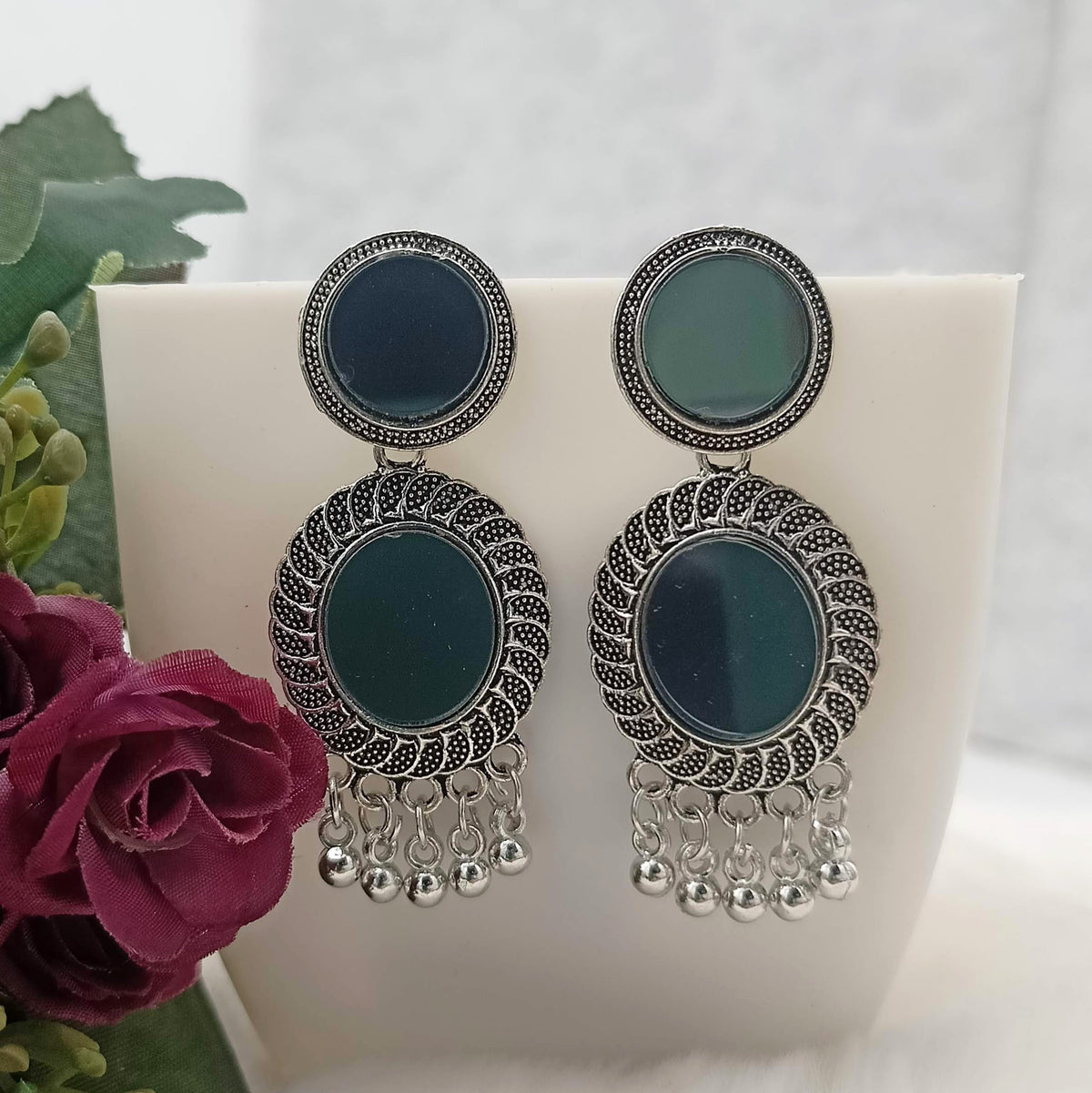 Black Double Mirror Silver Oxidised Earrings