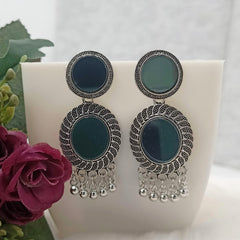 Black Double Mirror Silver Oxidised Earrings