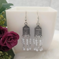 Rain Like White Beads Jhumka Silver Oxidised Earrings