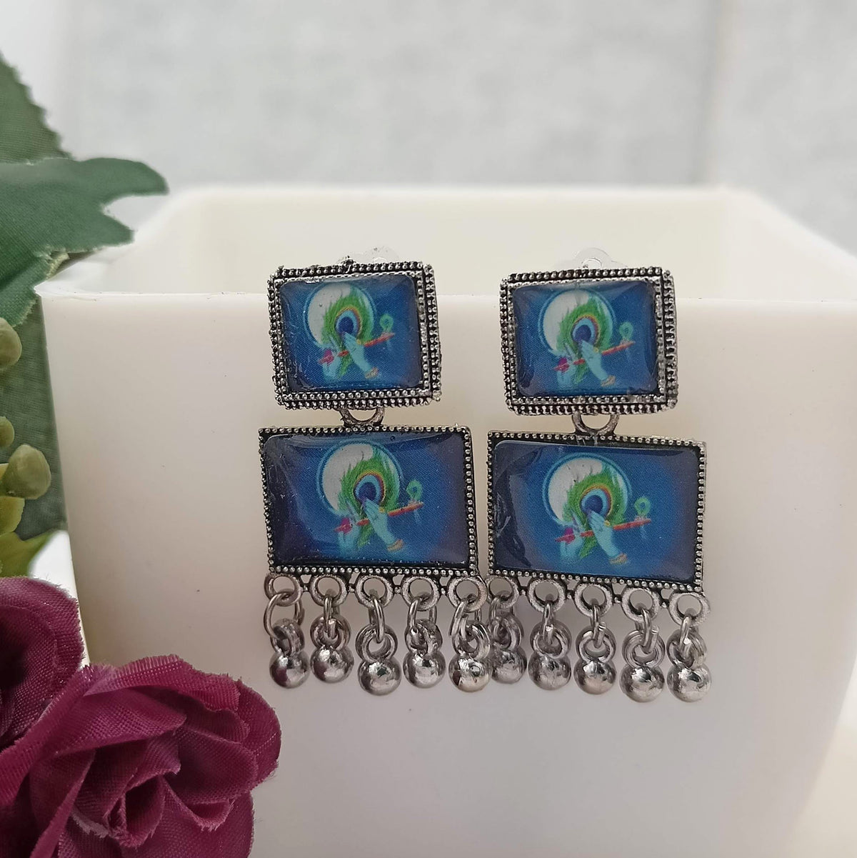 Krishna Ji Bansuri Sticker Silver Oxidised Earrings