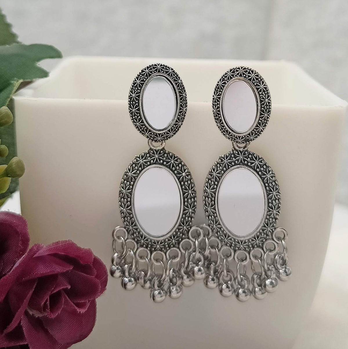Oval Shape Double Mirror Silver Oxidised Earrings