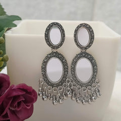 Oval Shape Double Mirror Silver Oxidised Earrings