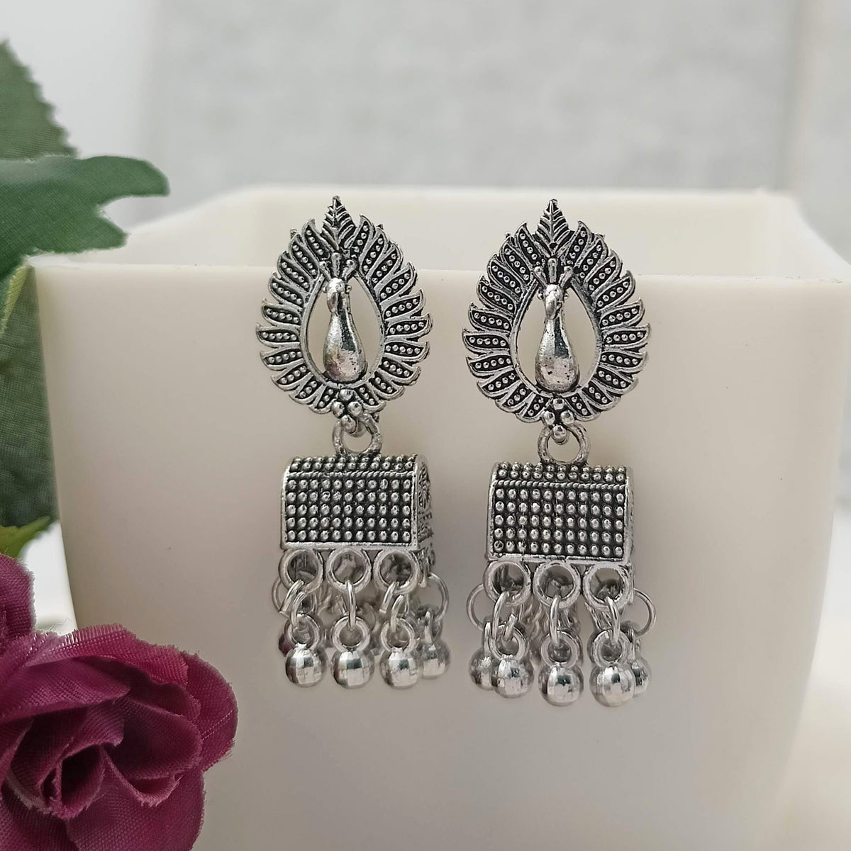 Doli Jhumka Peacock Stud Silver Oxidised Earrings