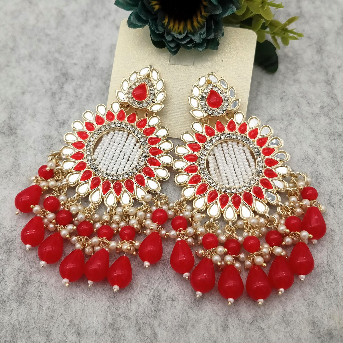 Bright Red Color Mirror Stone Studded Polki Golden Earrings