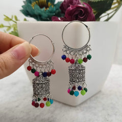 Multicolor Beads Trending Jhumka Silver Oxidised Earrings