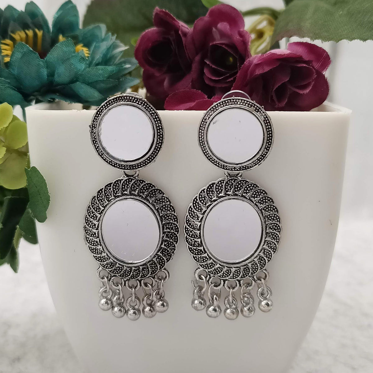 Double Mirror Beautiful Silver Oxidised Earrings