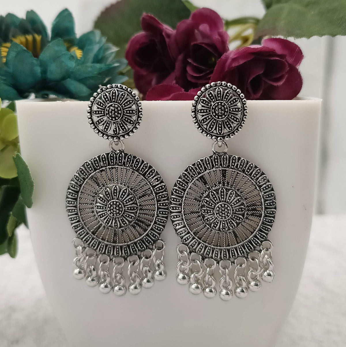 Traditional Round Trendy Silver Oxidised Earrings