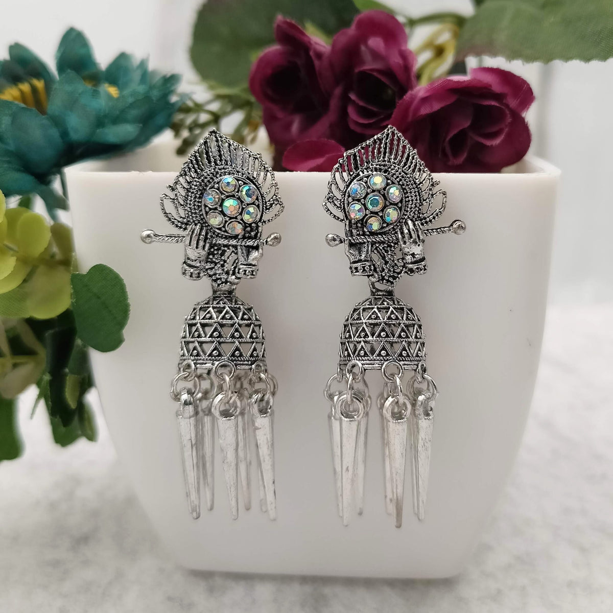 Krishna Bansuri Rainbow Stone Oxidised Jhumka Silver Earrings